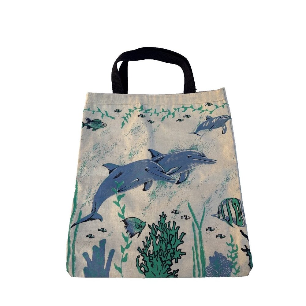 Vintage Dolphin Canvas Tote Bag Y2K Screenprinted Handmade Indie Bohemian